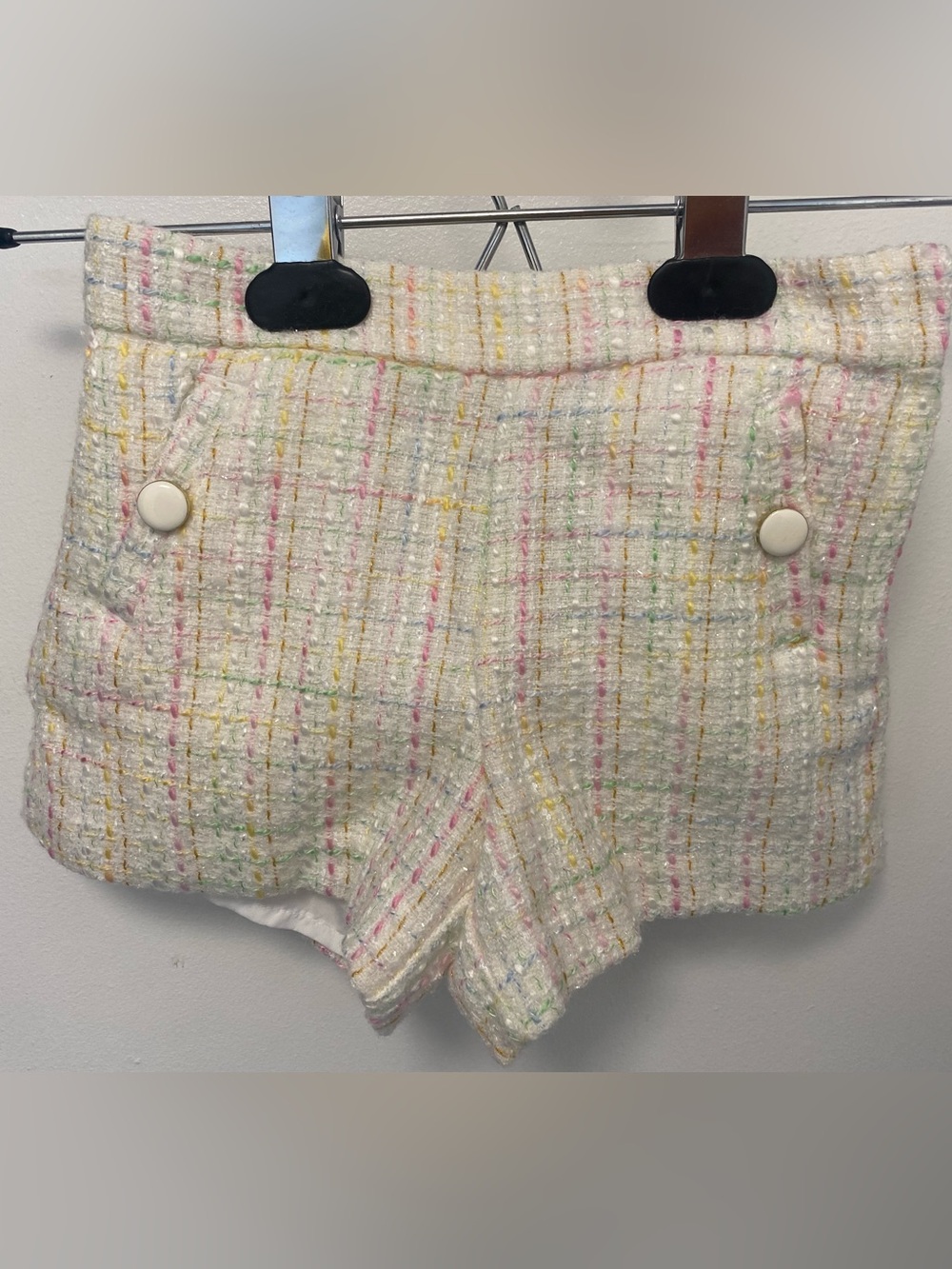 Janie and Jack Boucle White Tweed Shorts with Pastel Stripe Detail, Size 3T